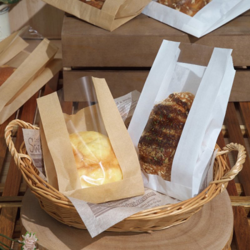 ノンフッソ窓付耐油ガゼットパック 大 未晒無地 茶 100枚 | パンの包装