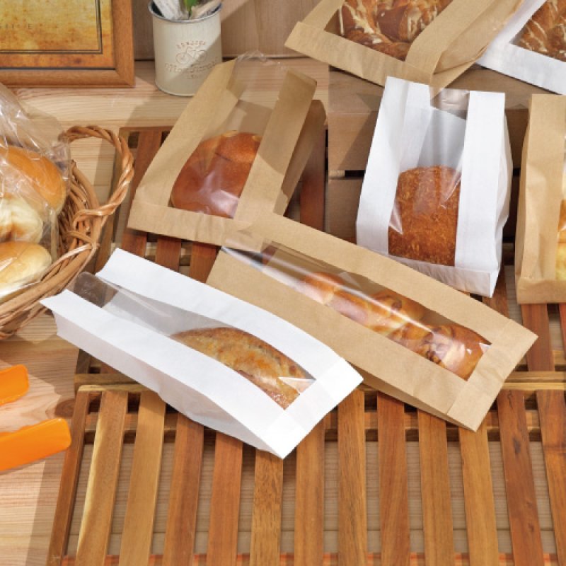ノンフッソ窓付耐油ガゼットパック ロング 未晒無地 茶 100枚 | パンの